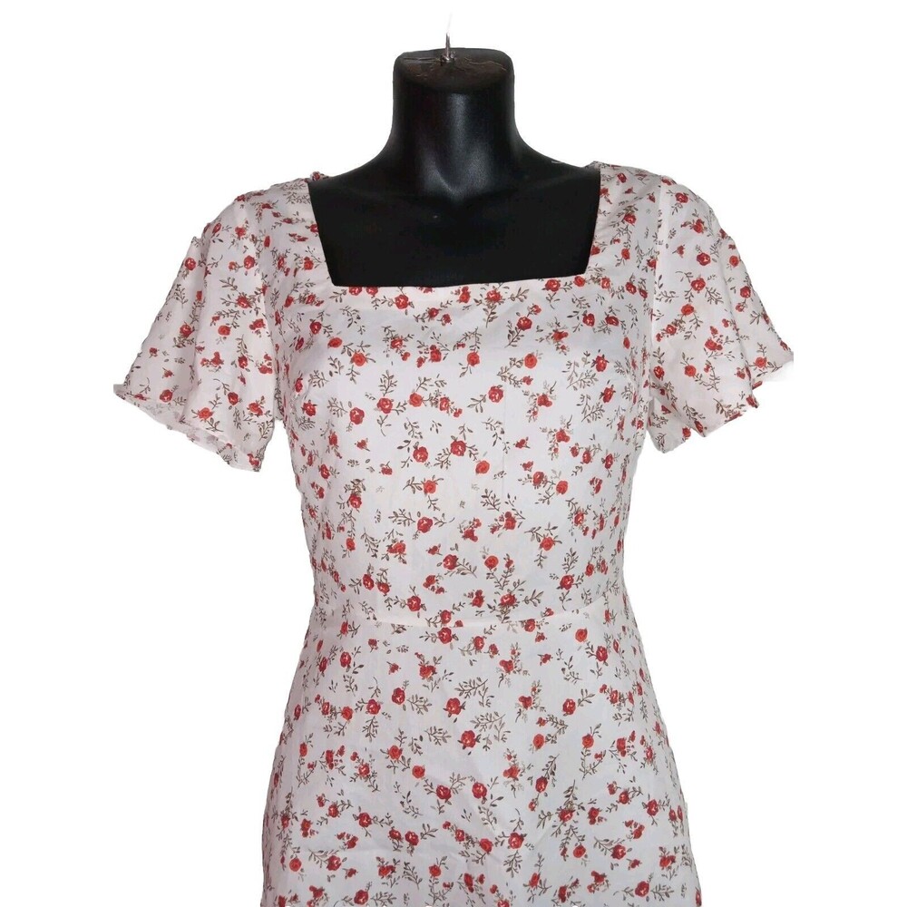 SHEIN Women's A-line Mini Dress White Roses Print Floral Cap Sleeves BAck Zip SX